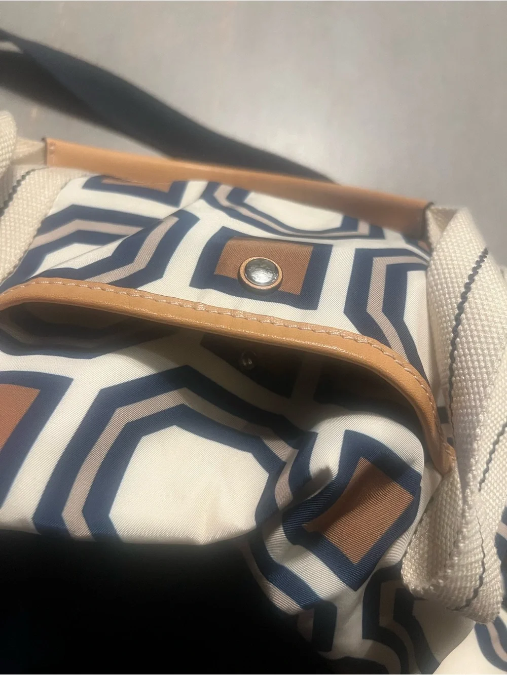 Tory Burch Octagon Print Canvas Travel Bag - Navy, Tan & White